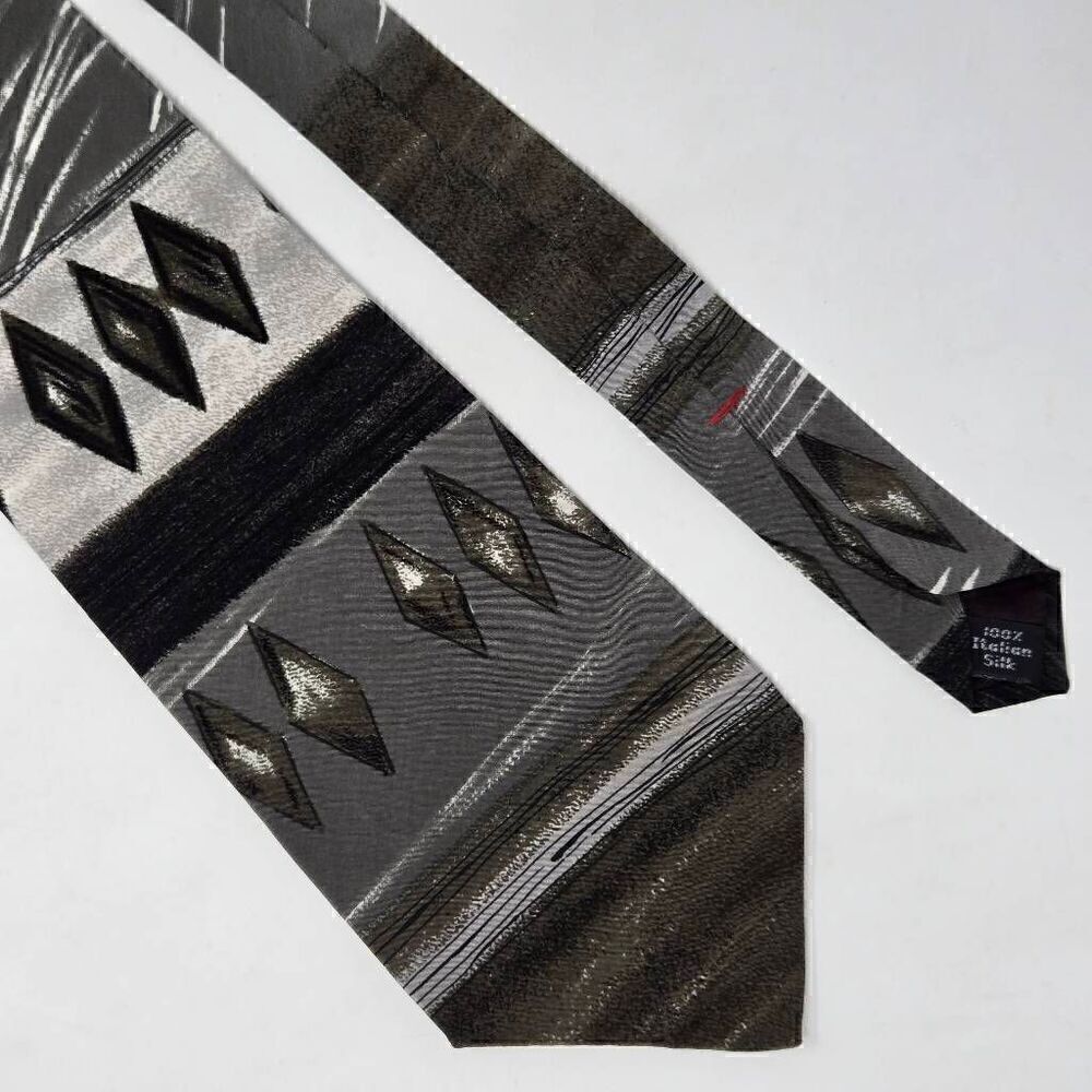 CONTE DI MILANO MADE IN ITALY SILK TIE GRAY OLIVE DIAMOND WATERCOLOR 4" X 58"